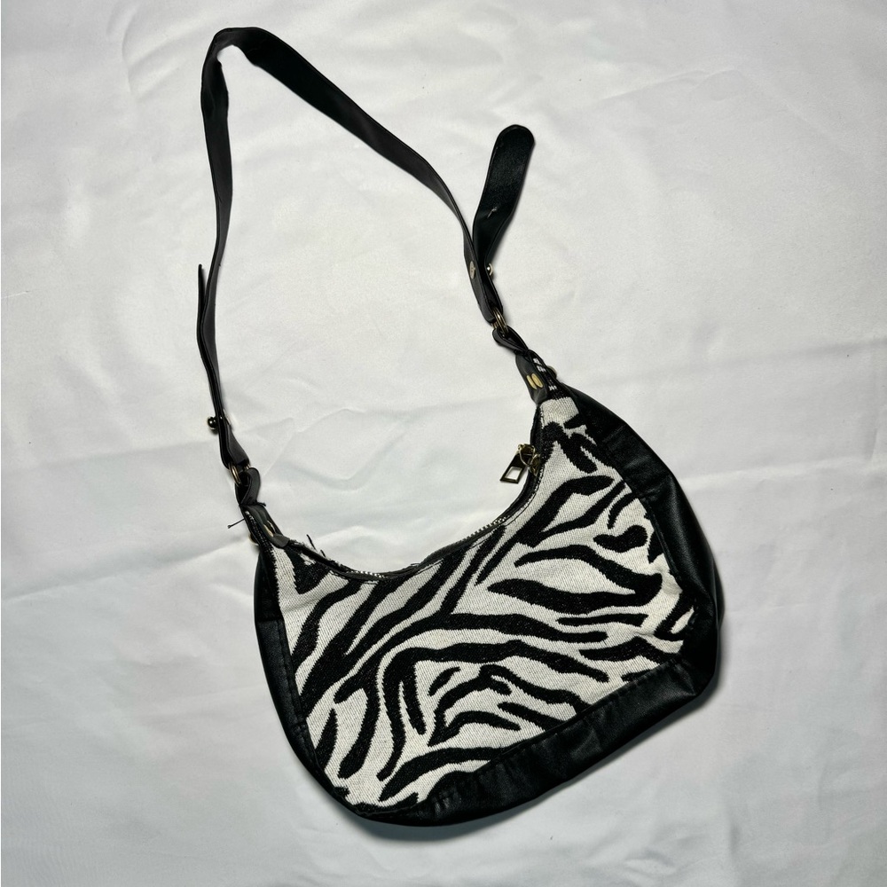 Black and White Zebra Print Shoulder Bag with Crescent Shape